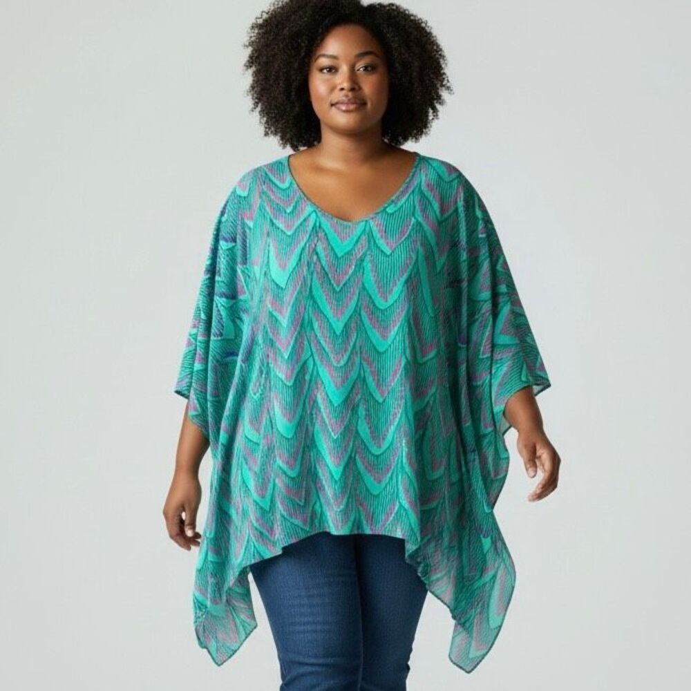 Zandra Rhodes XL Sheer Tunic & Tank Teal Turquoise Artsy Coastal Luxury Preppy